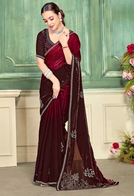 cherry color fendi satin silk blend shaded zircon hand work saree 1