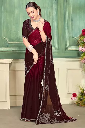 cherry color fendi satin silk blend shaded zircon hand work saree