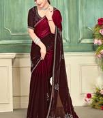 cherry color fendi satin silk blend shaded zircon hand work saree