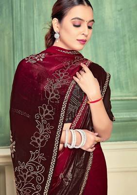 cherry color fendi satin silk blend shaded zircon hand work saree 2