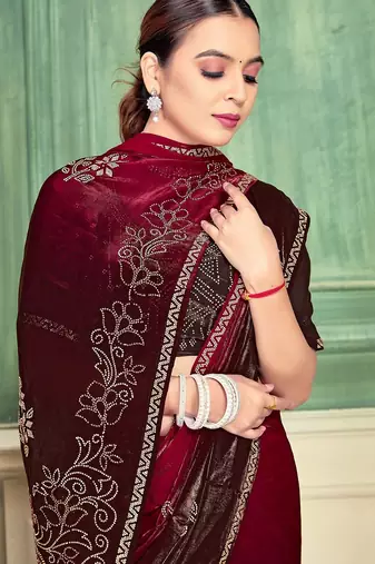cherry color fendi satin silk blend shaded zircon hand work saree