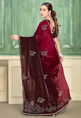 cherry color fendi satin silk blend shaded zircon hand work saree 3