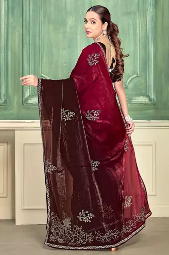cherry color fendi satin silk blend shaded zircon hand work saree