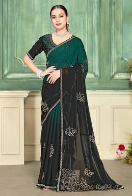 green color fendi satin silk blend shaded zircon hand work saree 1