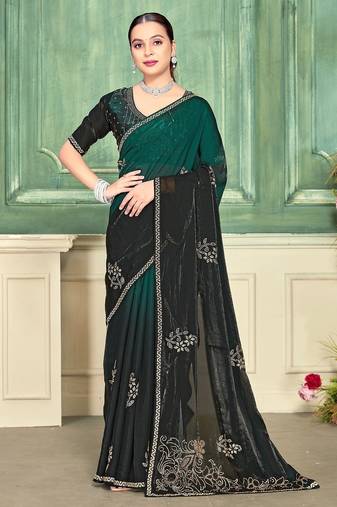 green color fendi satin silk blend shaded zircon hand work saree