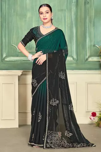 green color fendi satin silk blend shaded zircon hand work saree