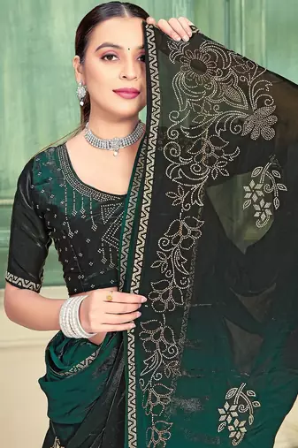 green color fendi satin silk blend shaded zircon hand work saree
