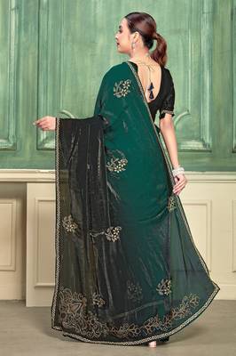green color fendi satin silk blend shaded zircon hand work saree 3