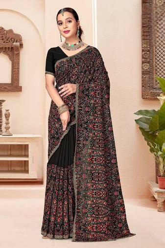Black color georgette embroidered  saree with blouse