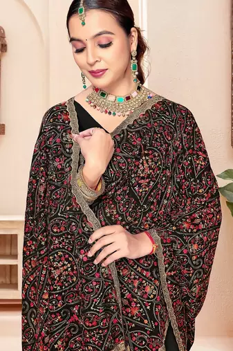 Black color georgette embroidered  saree with blouse