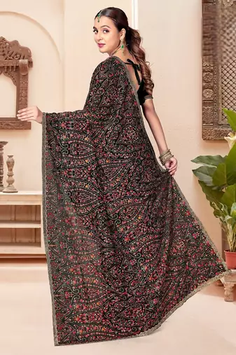 Black color georgette embroidered  saree with blouse