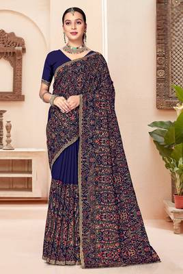 Navy blue color georgette embroidered  saree with blouse 1