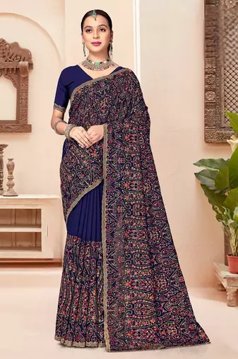Navy blue color georgette embroidered  saree with blouse