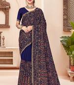 Navy blue color georgette embroidered  saree with blouse