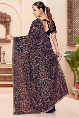 Navy blue color georgette embroidered  saree with blouse 3