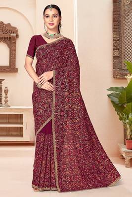 Wine color georgette embroidered  saree with blouse 1