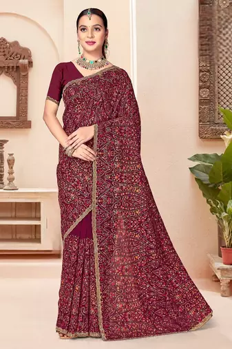 Wine color georgette embroidered  saree with blouse