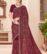 Wine color georgette embroidered  saree with blouse