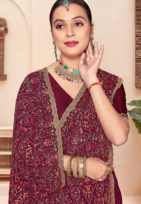 Wine color georgette embroidered  saree with blouse 2