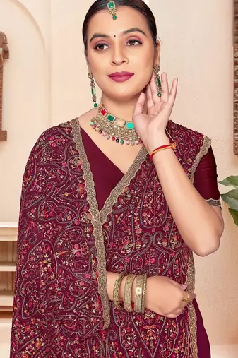 Wine color georgette embroidered  saree with blouse