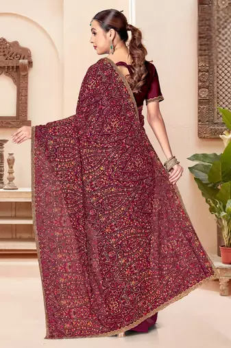 Wine color georgette embroidered  saree with blouse