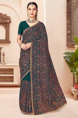 Morpeach color georgette embroidered  saree with blouse 1