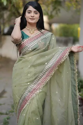 Green Color Embroidered Banarasi Crush Saree