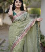 Green Color Embroidered Banarasi Crush Saree