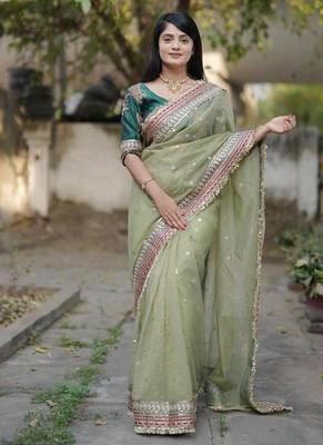 Green Color Embroidered Banarasi Crush Saree 2
