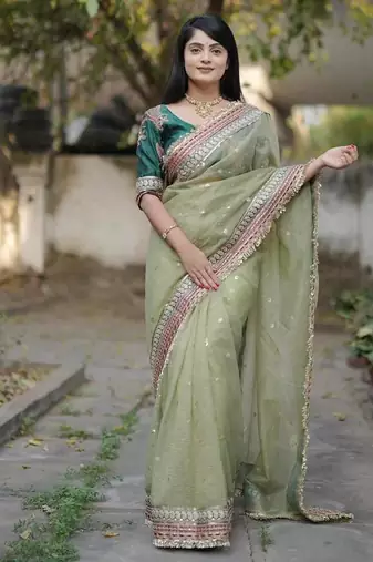 Green Color Embroidered Banarasi Crush Saree
