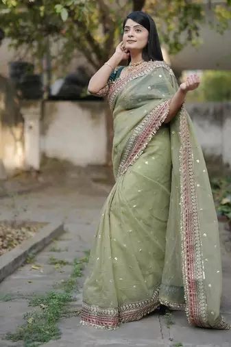 Green Color Embroidered Banarasi Crush Saree