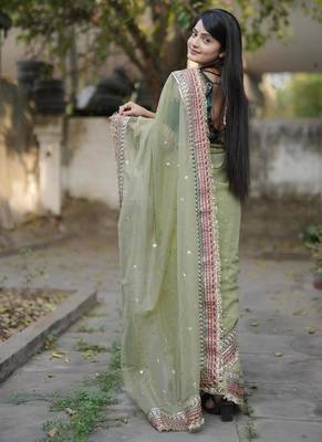 Green Color Embroidered Banarasi Crush Saree 4