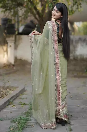 Green Color Embroidered Banarasi Crush Saree