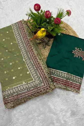Green Color Embroidered Banarasi Crush Saree