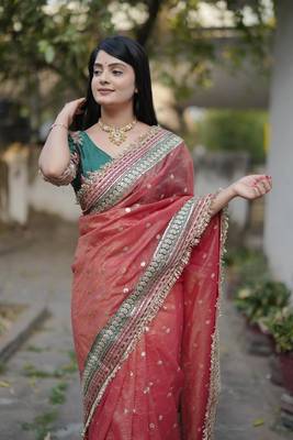 Red Color Embroidered Banarasi Crush Saree 1