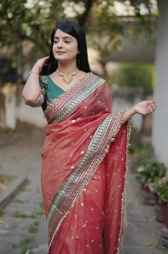 Red Color Embroidered Banarasi Crush Saree