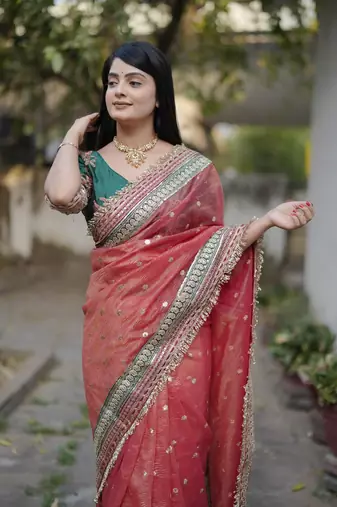 Red Color Embroidered Banarasi Crush Saree