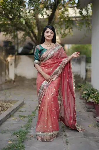 Red Color Embroidered Banarasi Crush Saree