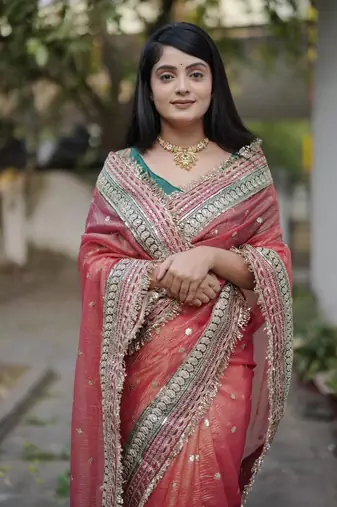 Red Color Embroidered Banarasi Crush Saree