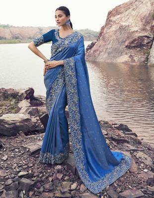 royal blue pure satin silk blend jacquard saree with matching satin blouse  wedding saree 1