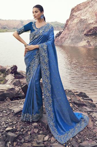 royal blue pure satin silk blend jacquard saree with matching satin blouse     designer wedding saree