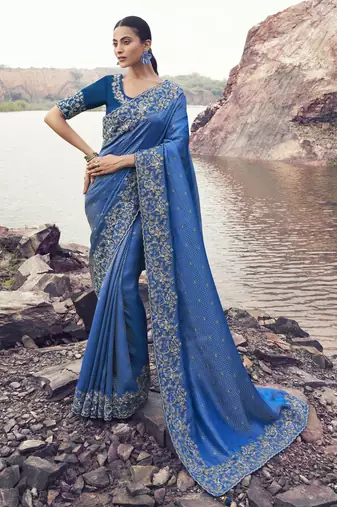 royal blue pure satin silk blend jacquard saree with matching satin blouse     designer wedding saree