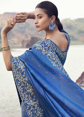 royal blue pure satin silk blend jacquard saree with matching satin blouse  wedding saree 2