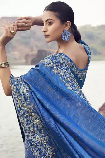 royal blue pure satin silk blend jacquard saree with matching satin blouse  wedding saree