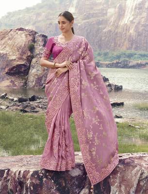 onion pink tissue silk blend jacquard saree with rani pure tissue blouse  classy saree 1