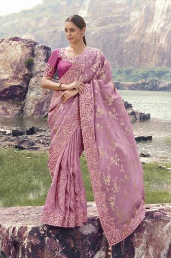 onion pink tissue silk blend jacquard saree with rani pure tissue blouse     classy designer saree