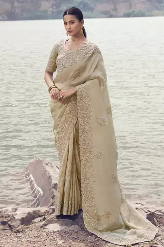 beige tissue silk blend jacquard saree with pure tissue blouse     elegant soft silk blend saree