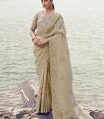 beige tissue silk blend jacquard saree with pure tissue blouse     elegant soft silk blend saree