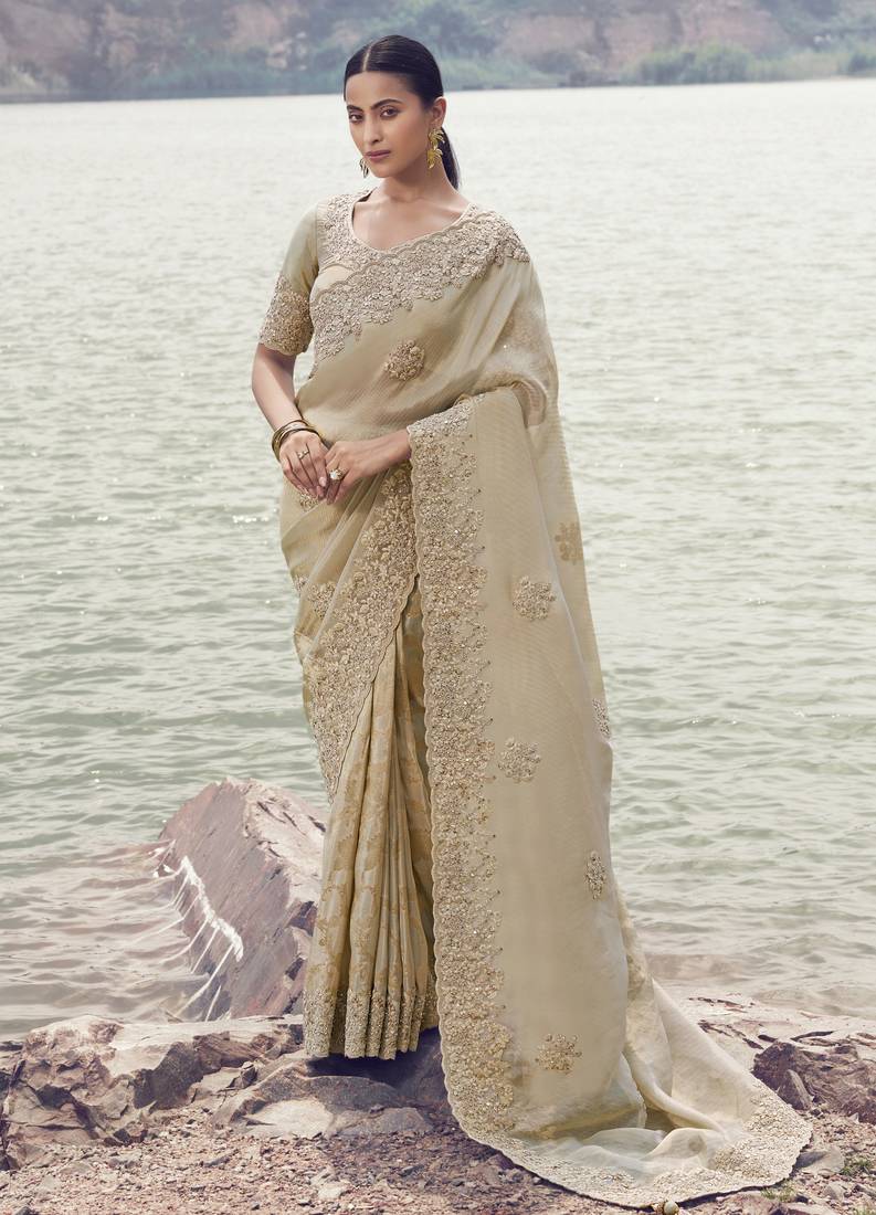 beige tissue silk blend jacquard saree with pure tissue blouse     elegant soft silk blend saree
