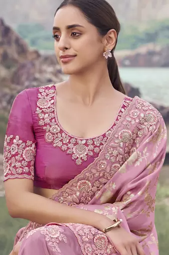 onion pink tissue silk blend jacquard saree with rani pure tissue blouse  classy saree